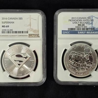 2013 Canada 1oz Silver Antelope and 1oz Silver Superman, NGC Graded