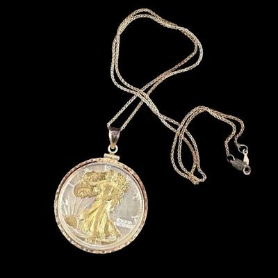 Silver Walking Liberty Half Dollar with Sterling Silver Chain and Bezel and COA