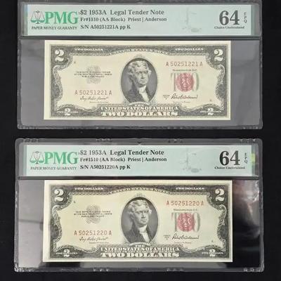 2 1953-A $2 Notes MS-64 PMG, Sequential Serial Numbers