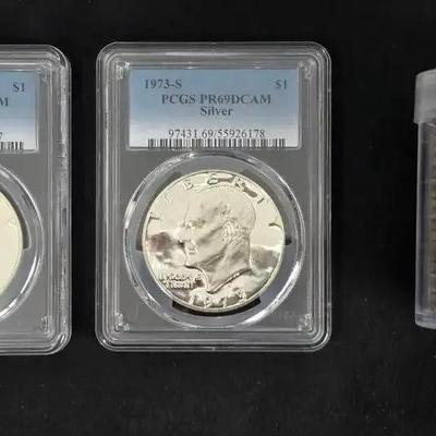 2 PCGS Graded Silver Eisenhower Proof Dollars PR-69 DCAM, & Roll of Eisenhower Dollars