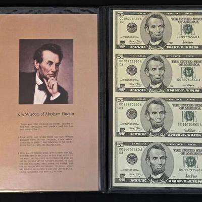 $5 Notes, Uncut Sheet of 4 2001, Uncirculated