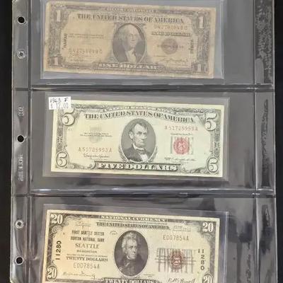 1935 Hawaii $1.00, 1963 $5.00 Red Seal, & 1929 $20.00 Seattle National Note