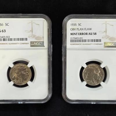 1935 Buffalo Nickel Mint Error AU-58 & 1936-P MS-63 Buffalo Nickel NGC