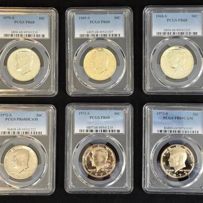 6 PCGS Graded Proof Kennedy Halves with 3 Silver Halves, 1968, 1969, 1970-S