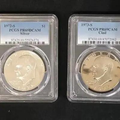 2 Silver Proof PCGS 71-S & 72-S Eisenhower Dollars and 73-S PR-69 CAM and 1 Roll of 20 Ike Dollars