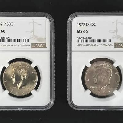 2 Kennedy Halves, 1972-D MS-66 and 2000-P MS-66, NGC Graded
