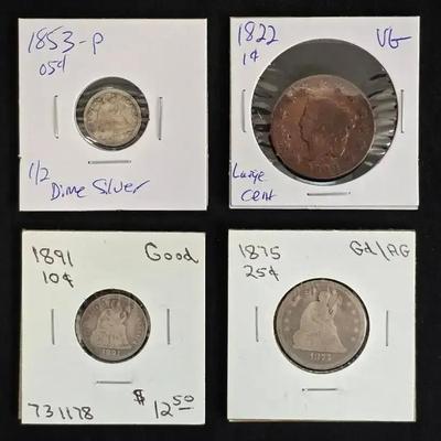 4 Type Coins Large Cent, 1/2 Dime, Seated Dime and Quarter