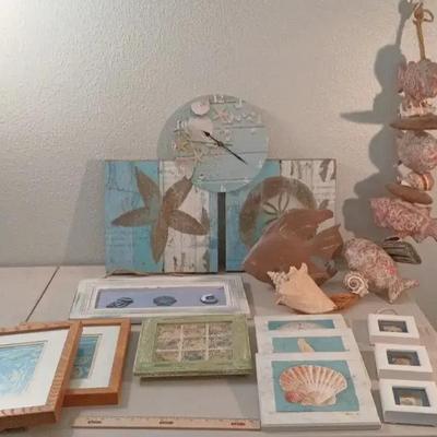 Decor Lot # 6 - Beachy Pictures, Fish Hanging, Shells, Clock++