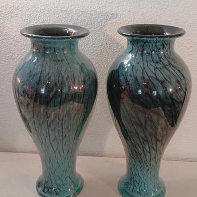 Matching Pair Blue W/ Copper Glass Vases 19 Inches Tall