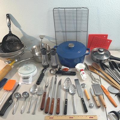 Kitchen Lot - Cuisineart Enamel Cast Iron Dutch Oven, Flint Stainless Knives, Vintage Utensils 