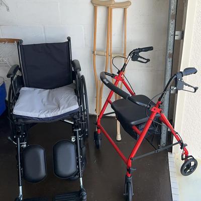 Medical Lot - Drive Cruiser III wheelchair W/ Gel Cushion, Drive 4wheel Walker, Wooden Crutches