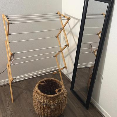 Black Wall Mirror, Clothes Drying Rack & Banana Basket w/ Leather Handles
