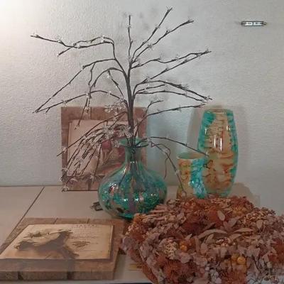 Decor Lot # 9 - Blue & Brown -Art Glass Vases, Lighted Tree, Wreath