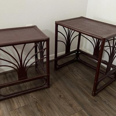 Vintage Brown Rattan Bamboo Stackable Side Tables 