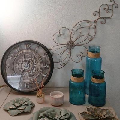 Decor Lot 11 - Blue - Steampunk Clock, Blue Glass, Metal Flowers