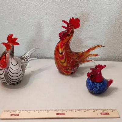 Hand Blown Murano Style Glass Roosters #1
