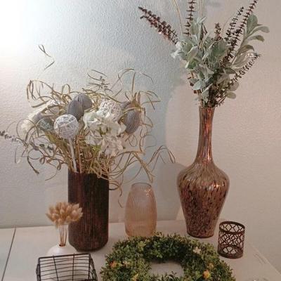 Decor Lot #2 - Vases, Wreath, Basket, Glass Gems++