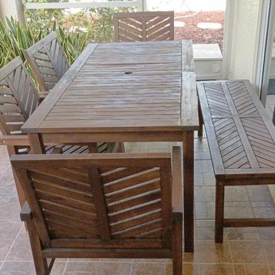 Nice 2023 Walker Edison Wood Patio Table 60x32x30 W/ 4 Chairs, Bench