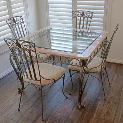 Wrought Iron W/ Glass Top Dining Table, 4 Chairs