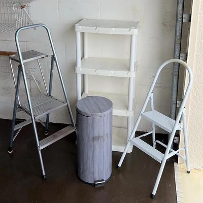 Plastic Shelf, Stepladders, & Step On Pedal Trash Can
