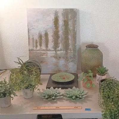 Decor Lot # 10 - Green - Faux Plants, Tree Pic, Vase+++