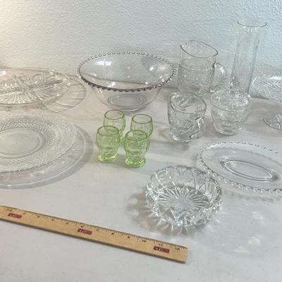 Crystal Lot - Uranium Viking Shot glasses, Beaded Glass Bowl, Etched Vase