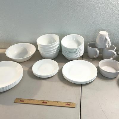 Corelle And Corningware - Winter Frost Plateware Set, Mugs, & Casserole Dish