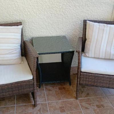 Pair Woven Patio Chairs, Woven Table 17x17x20