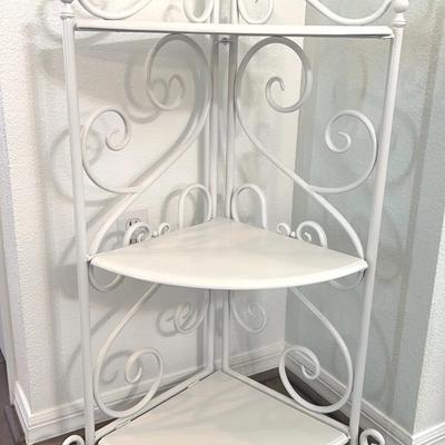 Fold Up White Wrought Iron Corner Table W/ Wooden Shelves 