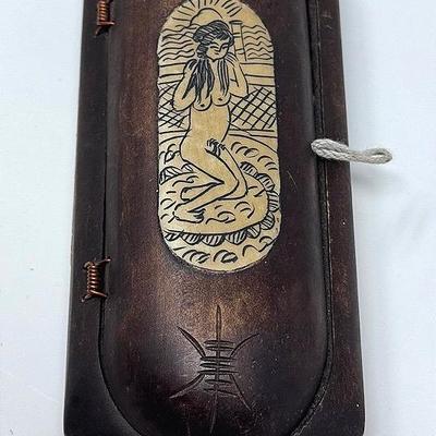 Vintage Chinese Carved Wood And Bone Box With Bathing Maiden