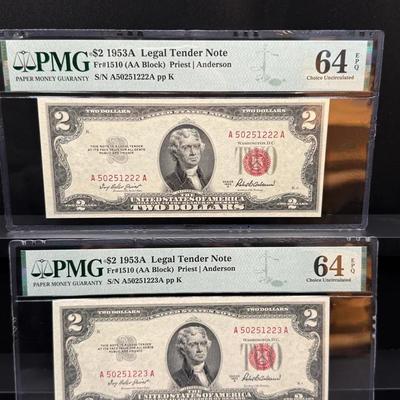 Two 1953 – A  $2 Legal Tender Red Seal Consecutive Serial Numbers