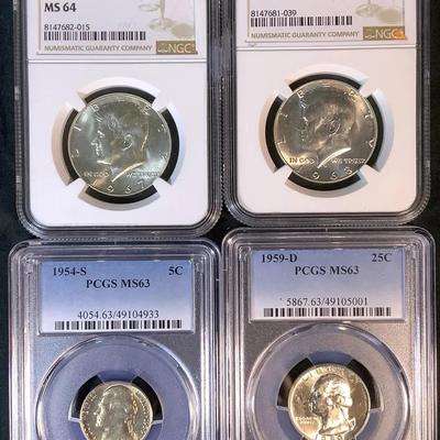 Graded U.S. Coin Lot – NGC Kennedy Half Dollars (MS63–MS64) & PCGS Washington Quarters