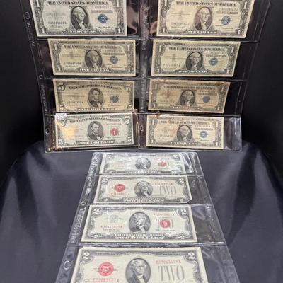 12 Us Notes, Silver Certificates And Red Seal Notes