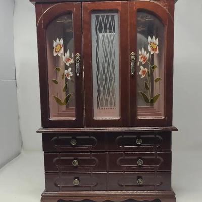 Etched Glass Wooden Jewelry Box 