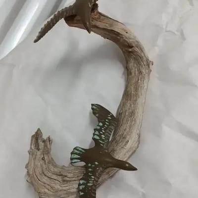 Brass Patina Seagulls on Driftwood Sculpture