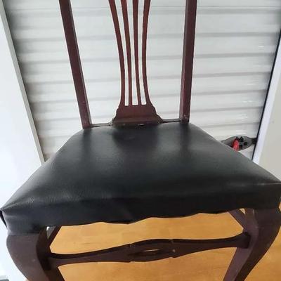 Antique Wood Side Chair with Carved Back and Upholstered Seat