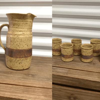 Pottery Pitcher with 6 Cups