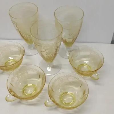 Fostoria Yellow Depression Glass Etched Stemware – Set of 7