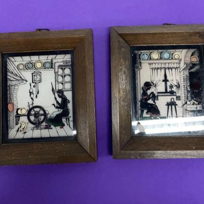 Pair of Vintage Reverse-Painted Silhouette Glass Pictures