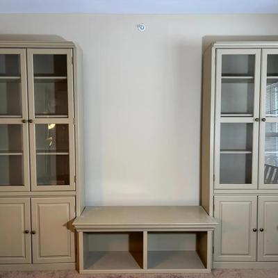 Three-Piece Wood Entertainment & Display Cabinet Set – Glass Doors – Matching Side Towers