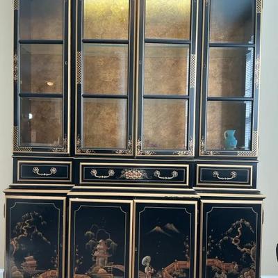 Elegant Asian-Inspired Black & Gold Lighted China Cabinet – Hand-Painted