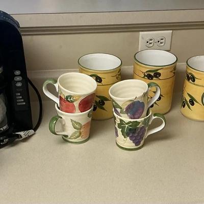 Lot Of Mugs, Colander And Kitchen Aid Coffee Pot