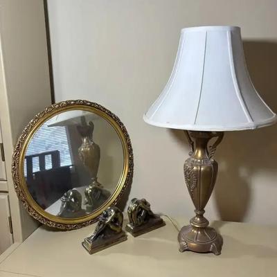 Vintage Decorative Lamp, Round Ornate Mirror & Figural Bookends Lot
