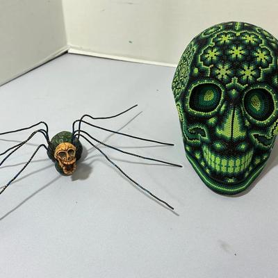 Huichol Beaded Black And Green Skull And Signed Spider