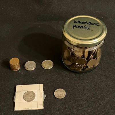 Foreign Currency (Mostly Canadian), Wheat Pennies, and 2 Buffalo Nickels