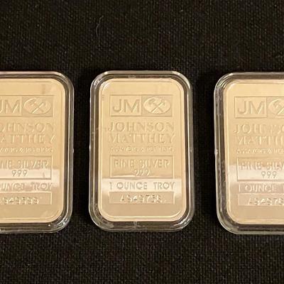 3 Johnson Matthey Assayers & Refiners 1 oz. .999 Fine Silver Bars