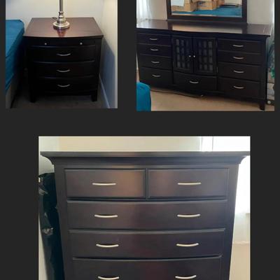 3 Piece Bedroom Set #2 with Chest of Drawers, Dresser, and 1 Nightstand with Lamp