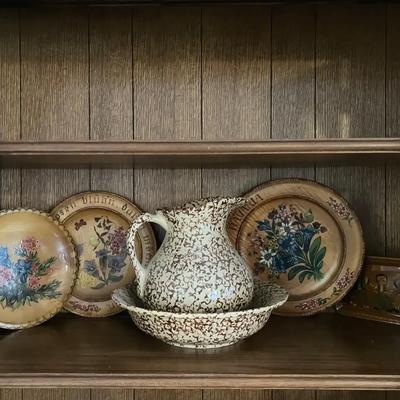 Vintage Robinson-Ransbottom Roseville, Ohio Spongeware Pitcher & Bowl and Misc Hand Painted Dishes