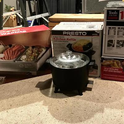 Buffet Warmer, 16 Qt Stockpot, 10 Qt Boiling Pot and Basket, & Presto Electric Multi-Cooker/Steamer