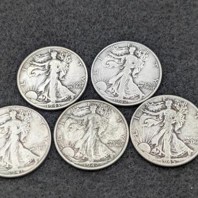 5 Walking Liberty Half Dollars